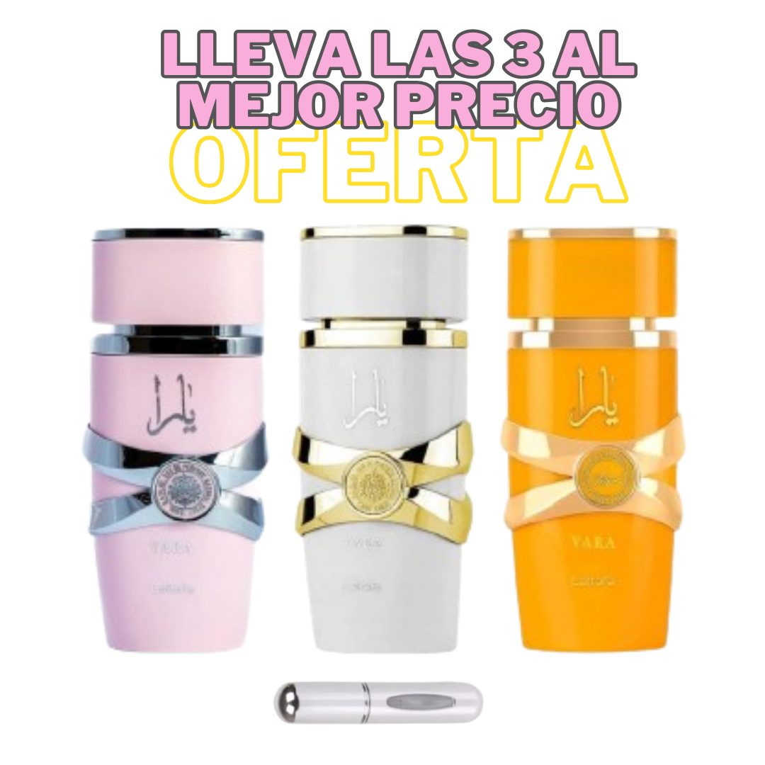 Super Kit Lleva 3 Perfumes Lataffa 100ml:  Yara Rosada + Yara Moi Blanca +Yara Tous Naranja + Obsequio Perfumero