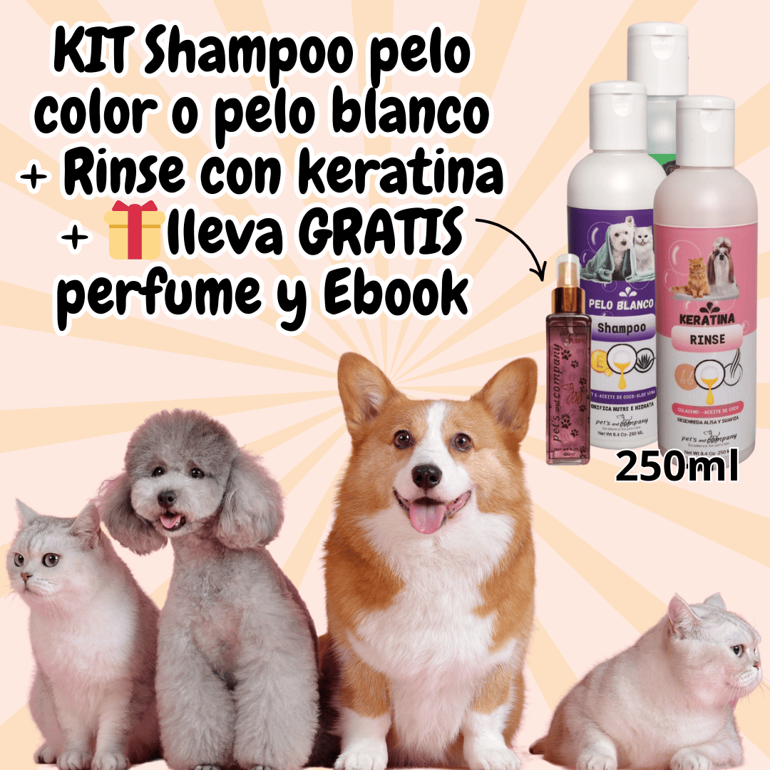 PetGlow Pro - Kit Shampoo 250ml + Rinse Keratina 250ml + obsequio Perfume 120ml y Ebook Cuidado Capilar Para Mascotas.