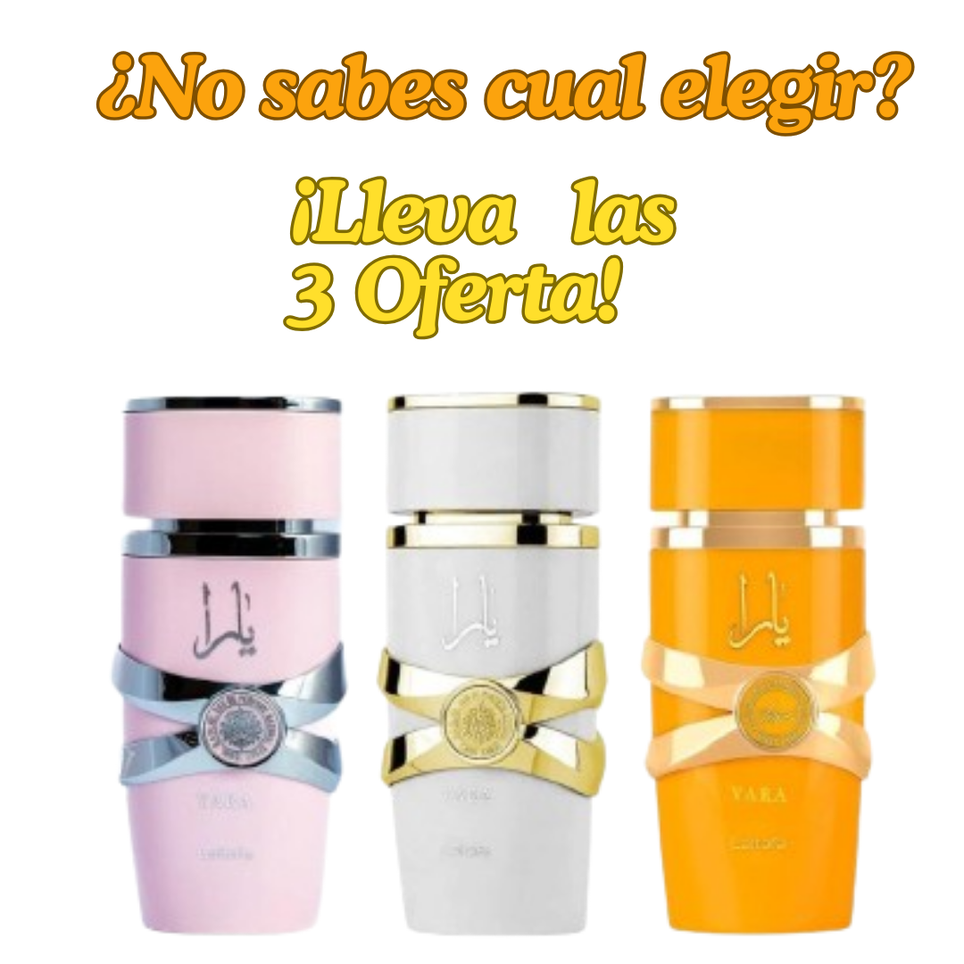 Super Kit Lleva 3 Perfumes Lataffa 100ml:  Yara Rosada + Yara Moi Blanca +Yara Tous Naranja + Obsequio Perfumero